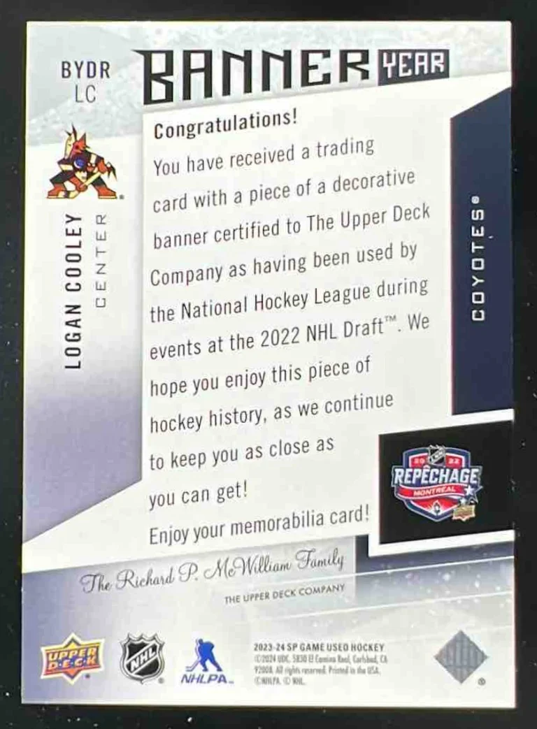2023-24 Upper Deck SP Game Used Banner Year NHL Draft #BYDR-LC Logan Cooley RC - Image 2