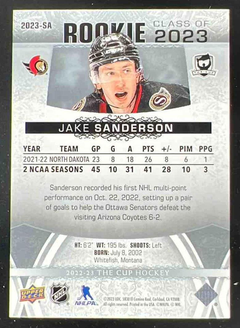 2022-23 Upper Deck The Cup Rookie Class of 2023 #2023-SA Jake Sanderson RC /249 - Image 2