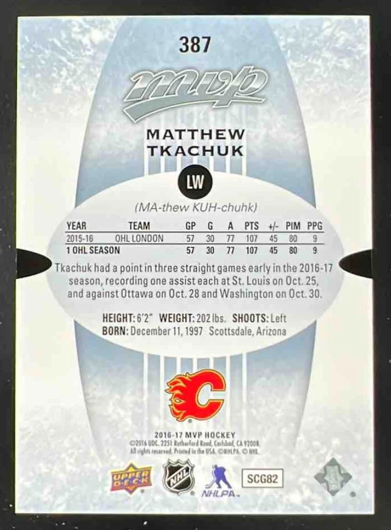 2016-17 Upper Deck MVP Rookie Set Exchange #387 Matthew Tkachuk RC - Image 2