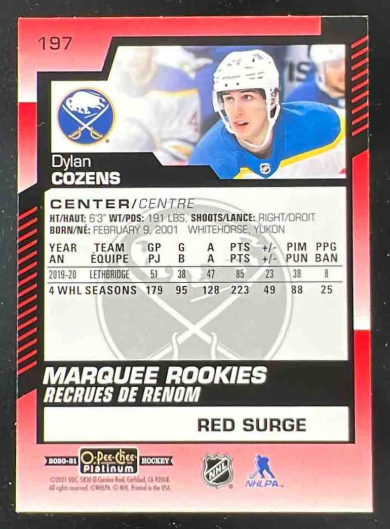 2020-21 O-Pee-Chee Platinum Red Surge #197 Dylan Cozens RC - Image 2
