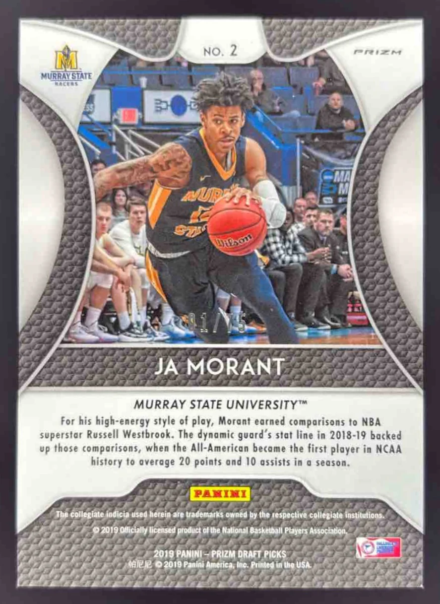 2019-20 Panini Prizm Draft Picks Prizms Hyper #2 Ja Morant RC /75 - Image 2