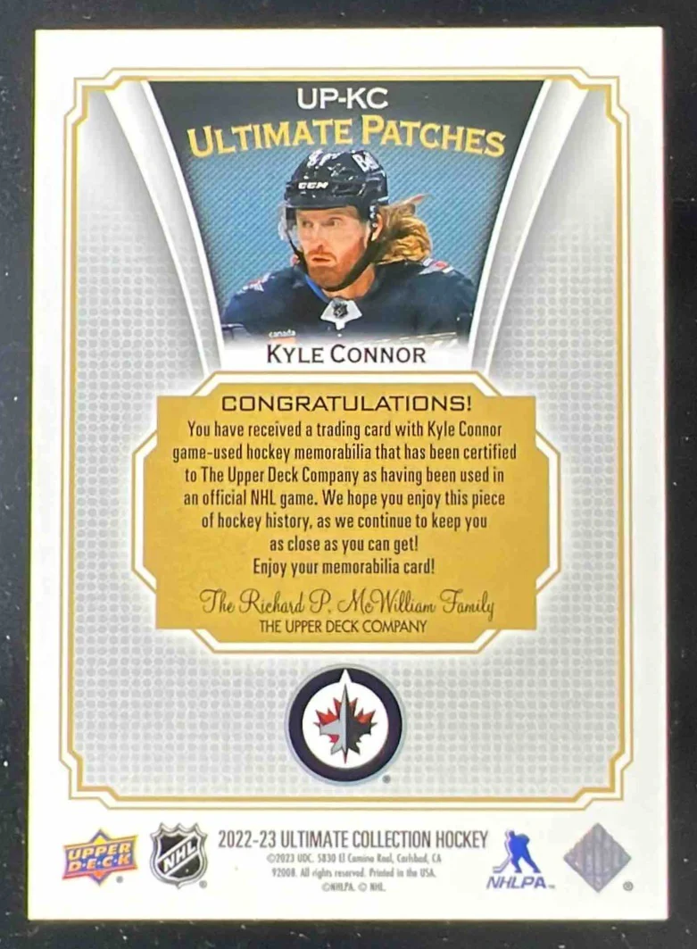 2022-23 Upper Deck Ultimate Collection Ultimate Patches #UP-KC Kyle Connor /15 - Image 2