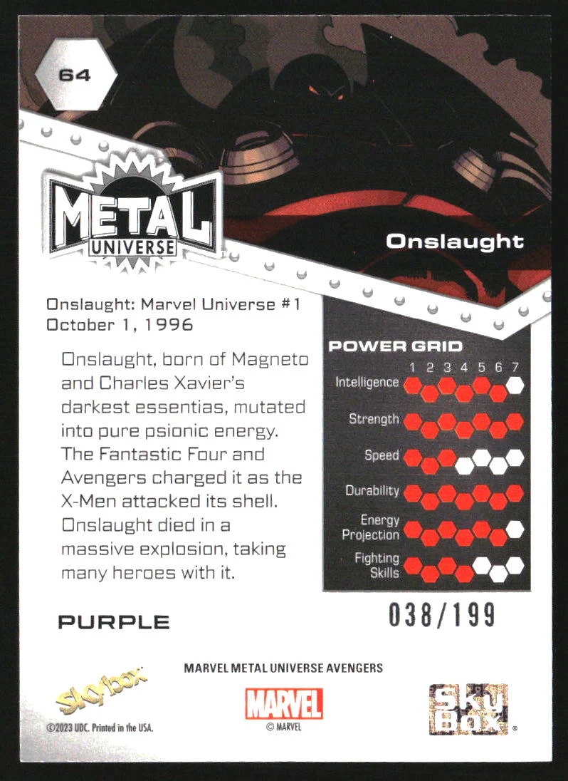 2024 SkyBox Marvel Metal Universe Avengers Purple FX #64 Onslaught /199 - Image 2
