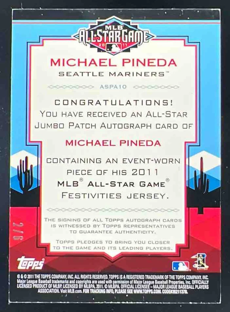 2011 Topps Update All Star Stitches Jumbo Patches Michael Pineda RC Auto /6 - Image 2