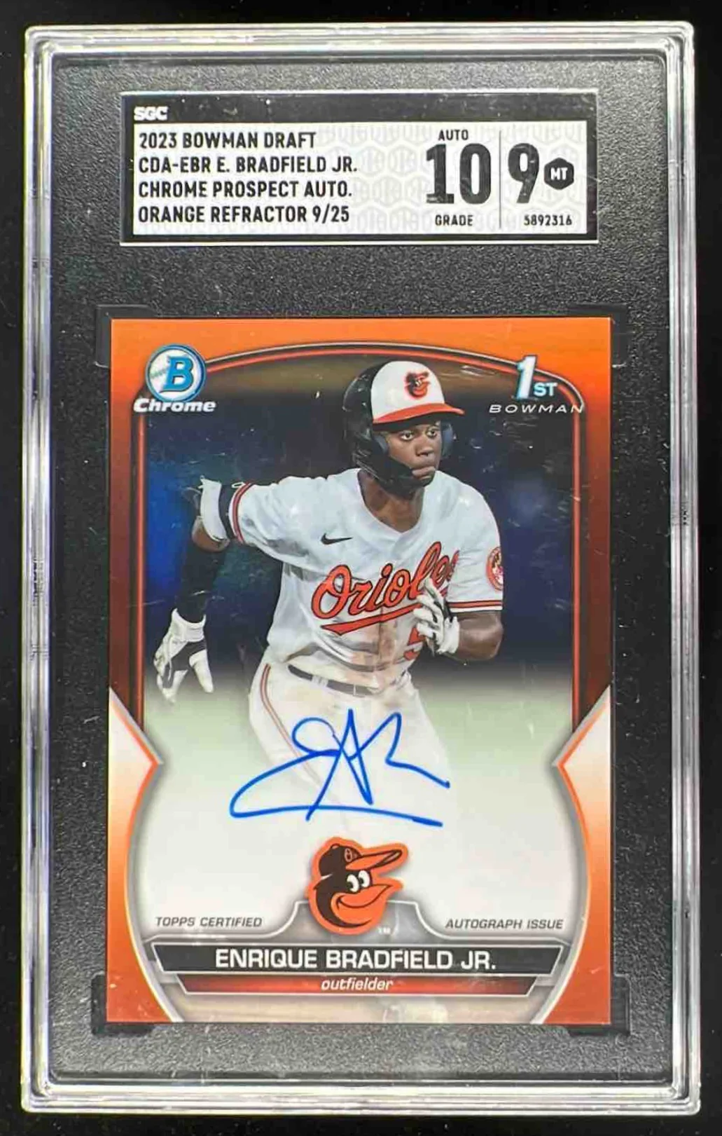 2023 Bowman Draft Chrome Orange Refractor Enrique Bradfield Jr RC Auto /25 SGC 9