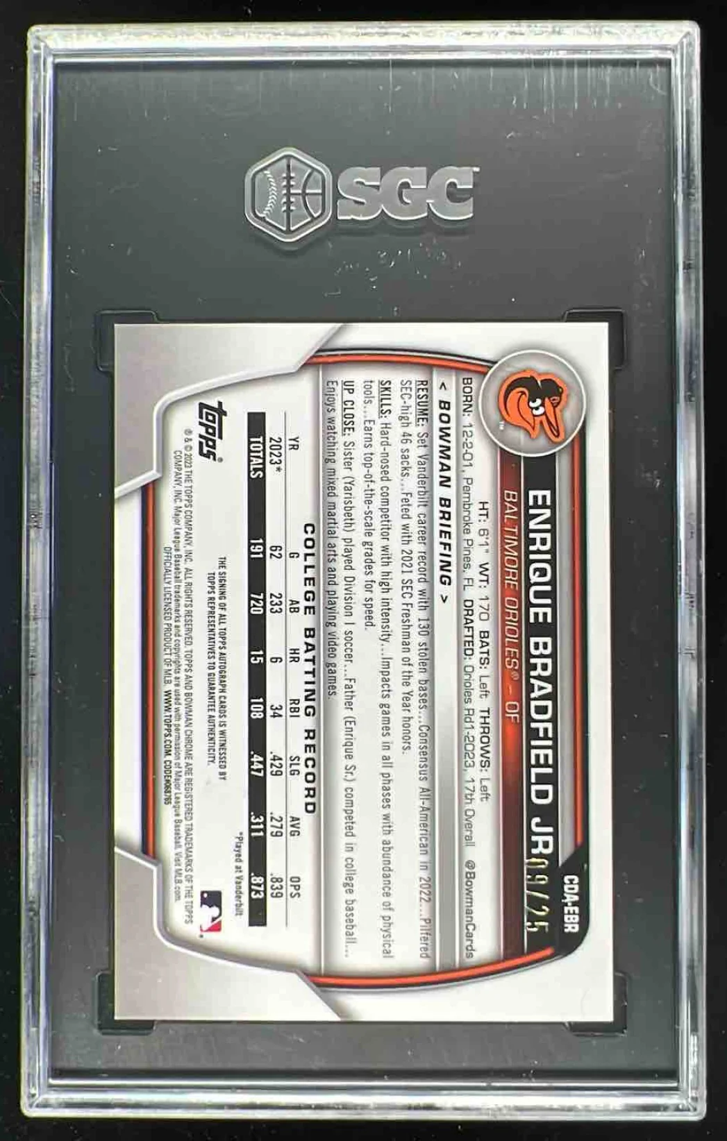 2023 Bowman Draft Chrome Orange Refractor Enrique Bradfield Jr RC Auto /25 SGC 9 - Image 2