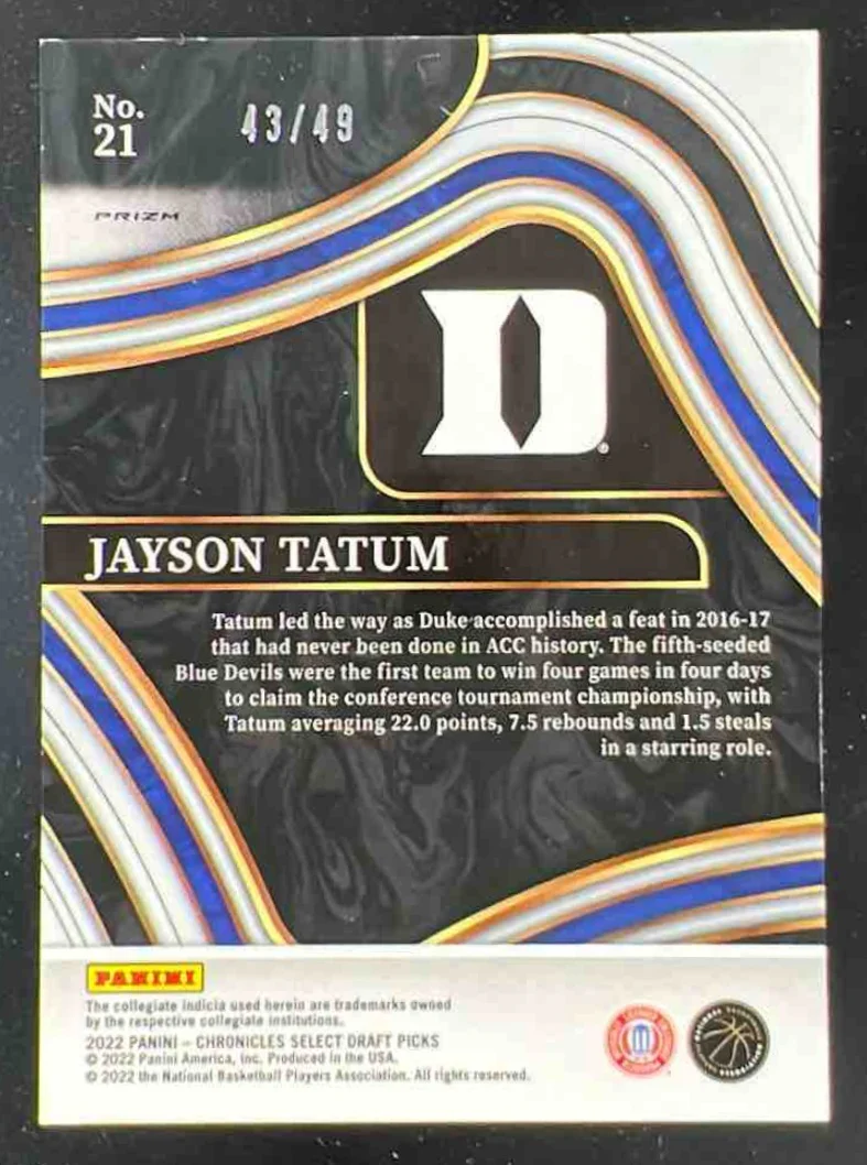 2022-23 Panini Chronicles Draft Picks Select Purple #21 Jayson Tatum /49 - Image 2