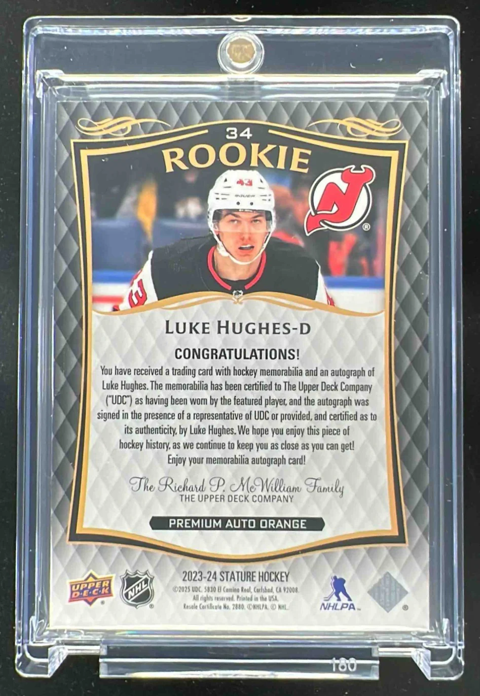 2023 Upper Deck Stature Update Memorabilia Orange #34 Luke Hughes Autograph /15 - Image 2