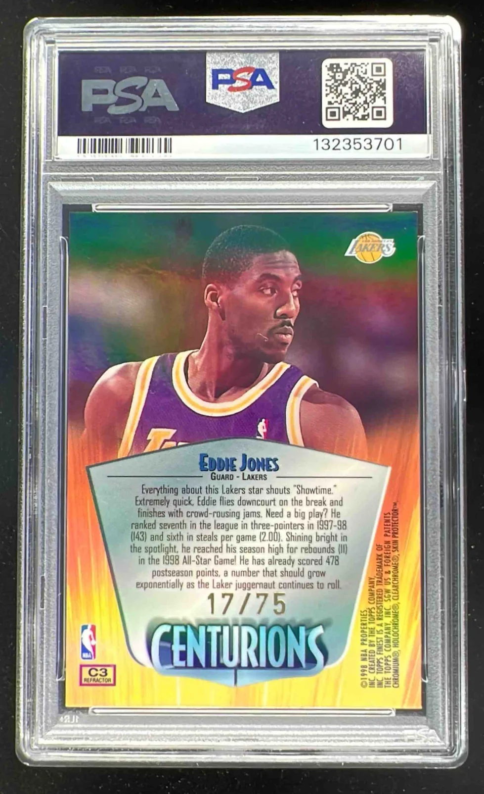 1998-99 Topps Finest Centurions Refractor #C3 Eddie Jones /75 PSA 7 - Image 2