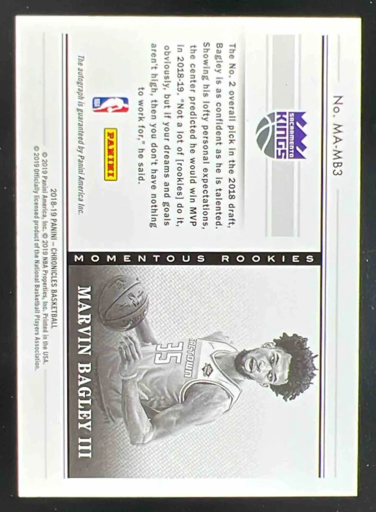 2018 Chronicles Momentous Rookie Autos Gold #MAMB3 Marvin Bagley III RC Auto /10 - Image 2