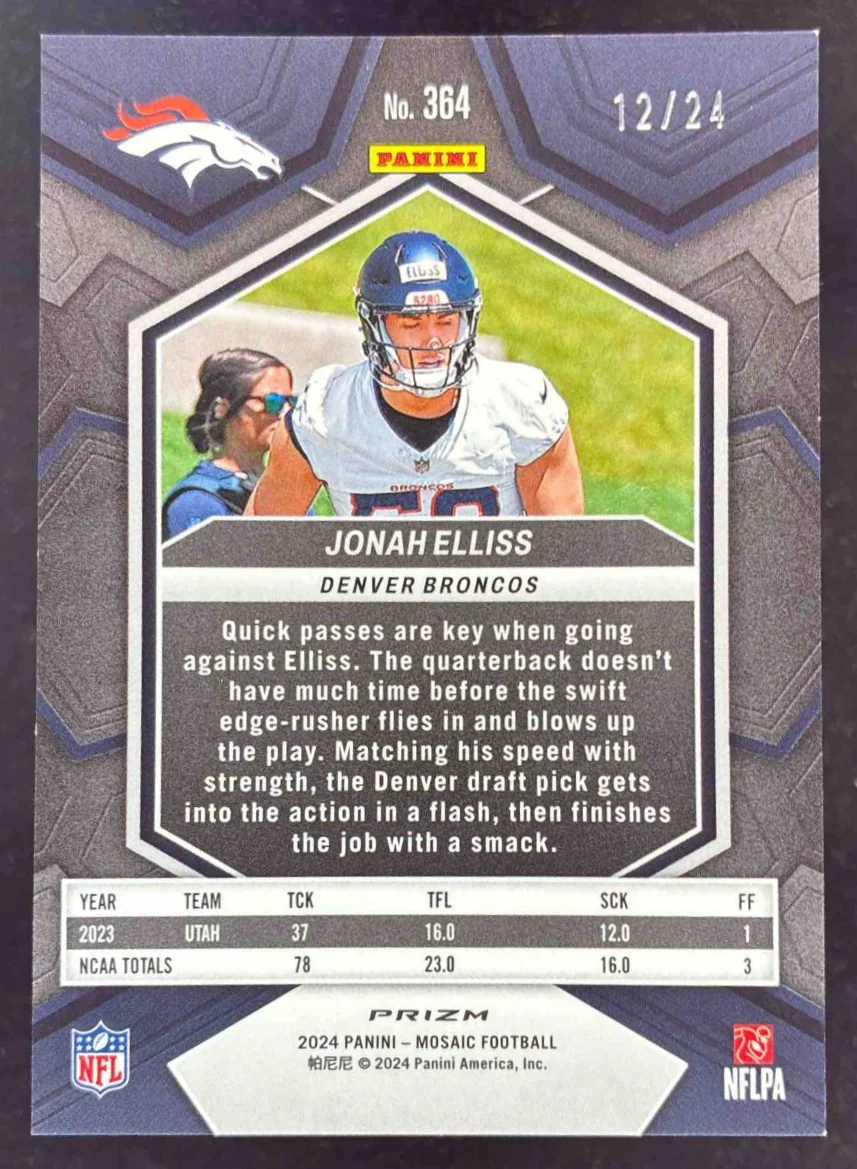 2024 Panini Mosaic Gold Sparkle Prizm #364 Jonah Elliss RC /24 - Image 2