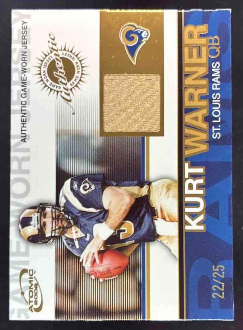 2002 Pacific Atomic Game Worn Jerseys Gold #81 Kurt Warner /25