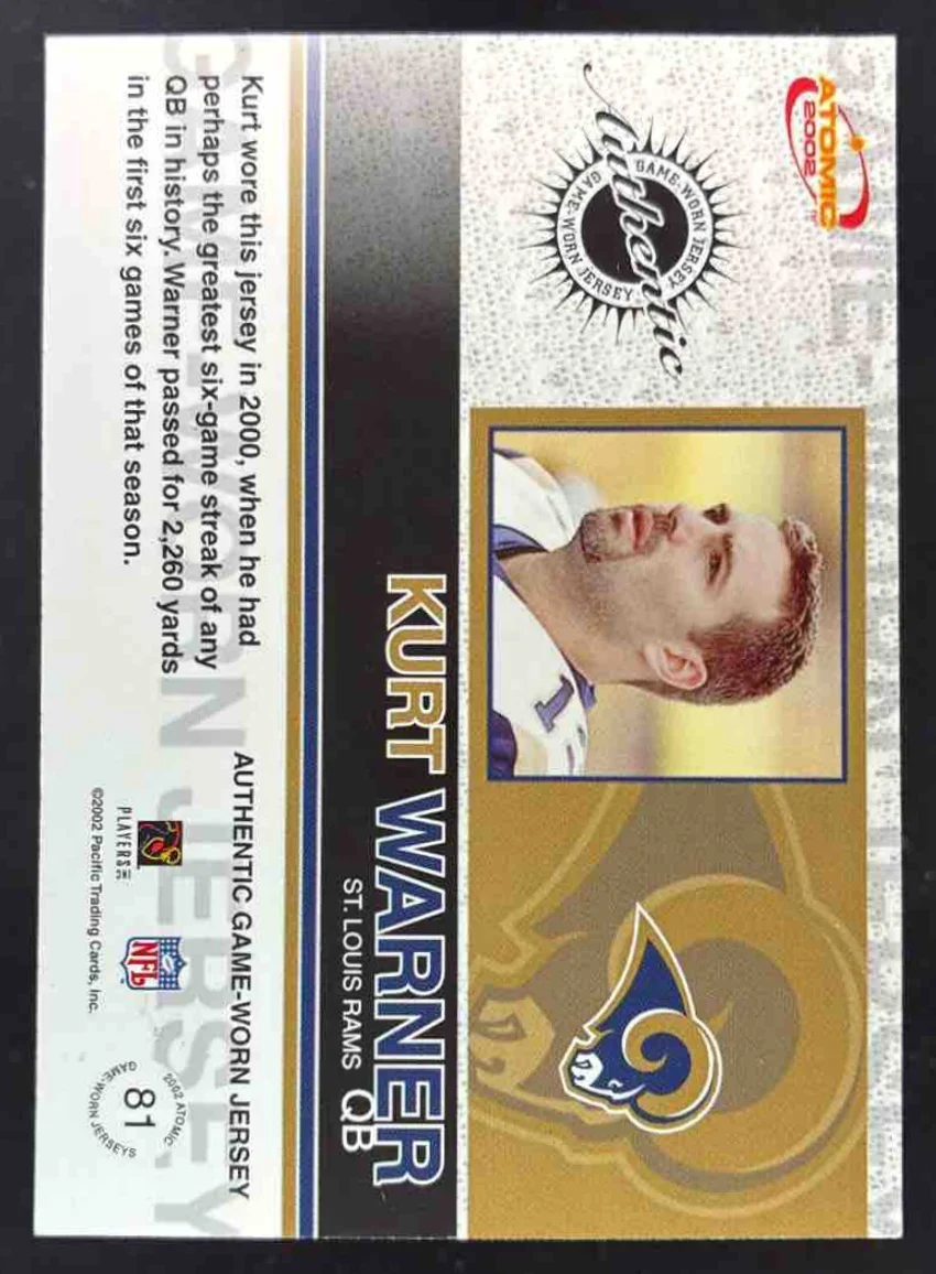 2002 Pacific Atomic Game Worn Jerseys Gold #81 Kurt Warner /25 - Image 2