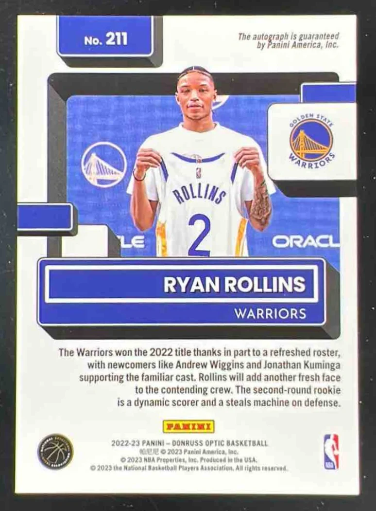 2022-23 Panini Donruss Optic Rated Rookies Signatures #211 Ryan Rollins RC Auto - Image 2