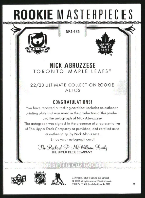 2022 The Cup Masterpieces Auto Printing Plate Magenta Nick Abruzzese RC 1/1 - Image 2