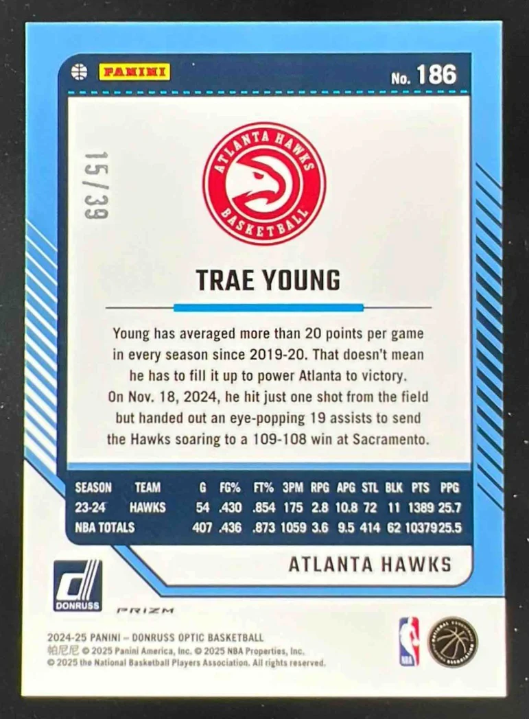2024-25 Panini Donruss Optic Black Velocity #186 Trae Young /39 - Image 2