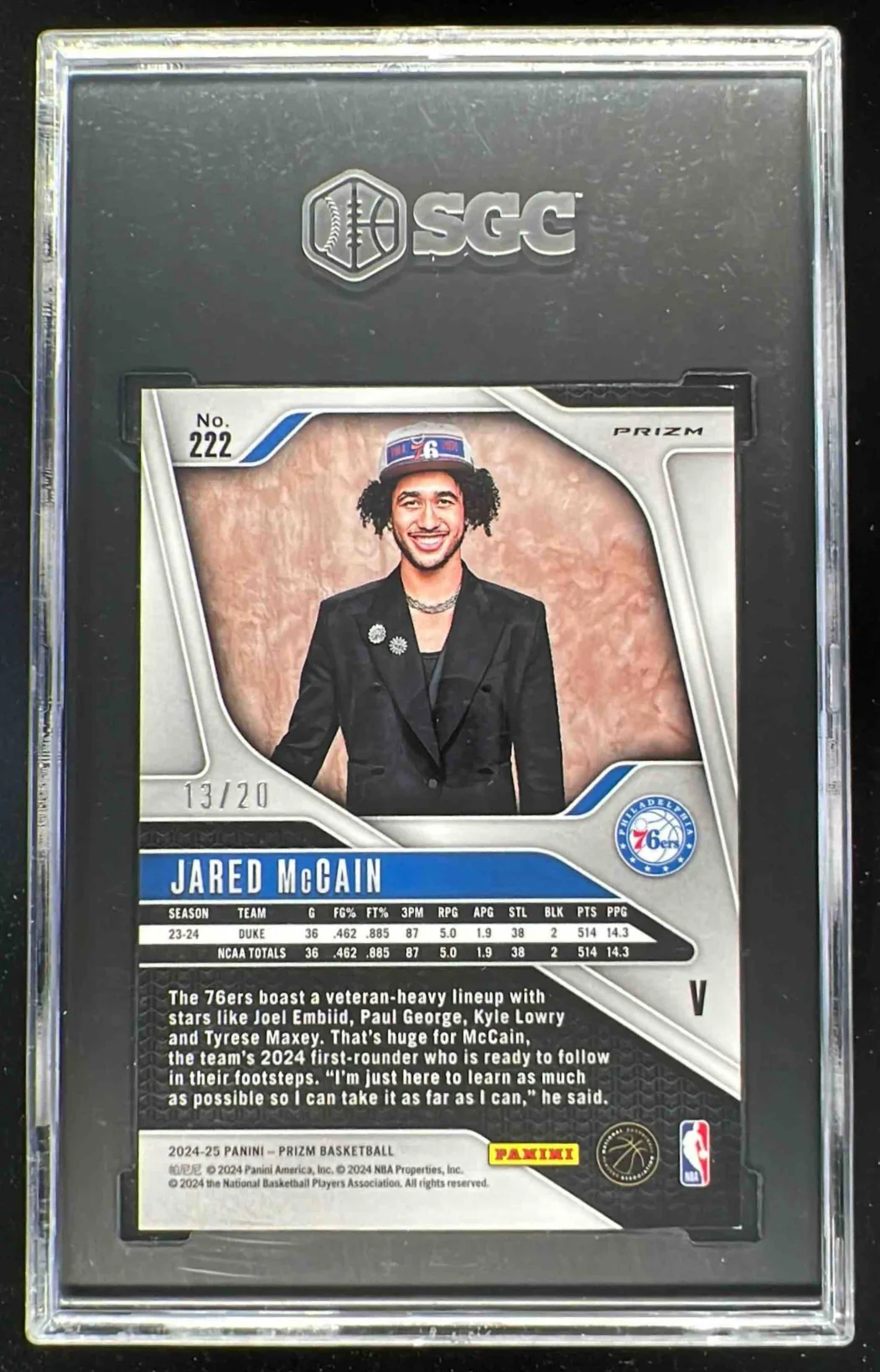 2024 Prizm Rookie Variations Bronze Fast Break Jared McCain RC VAR /20 SGC 10 - Image 2