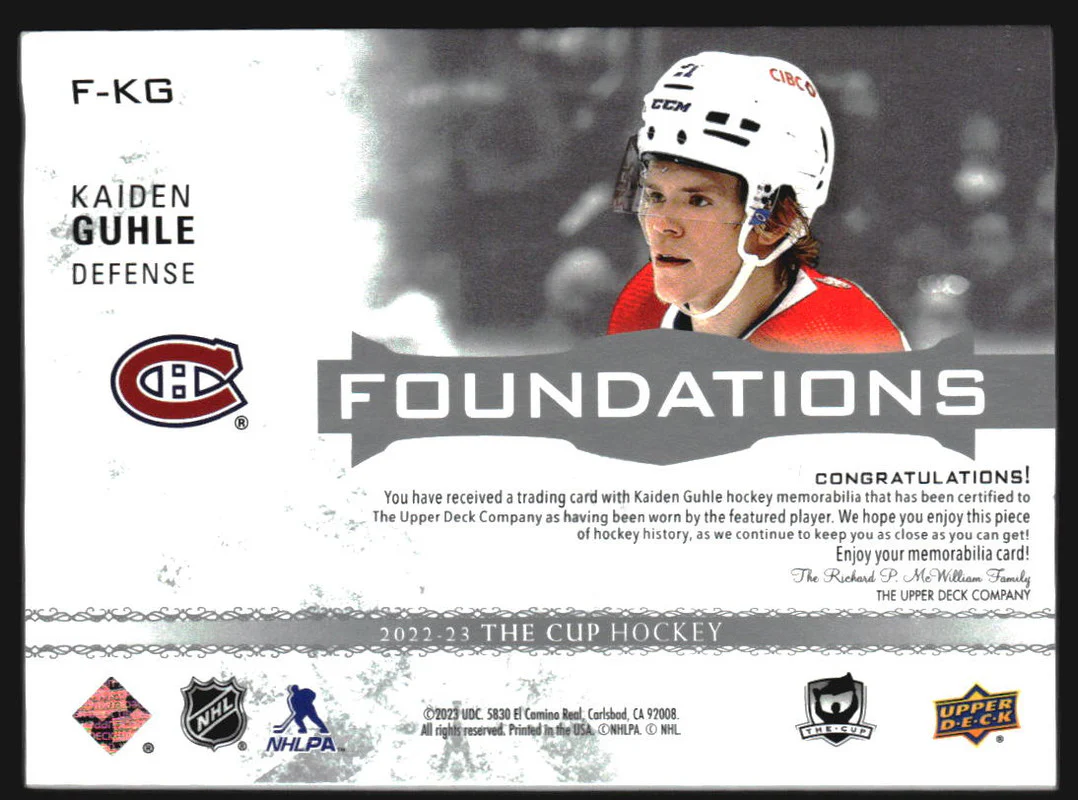 2022-23 The Cup Foundations Jerseys #FKG Kaiden Guhle /99 - Image 2