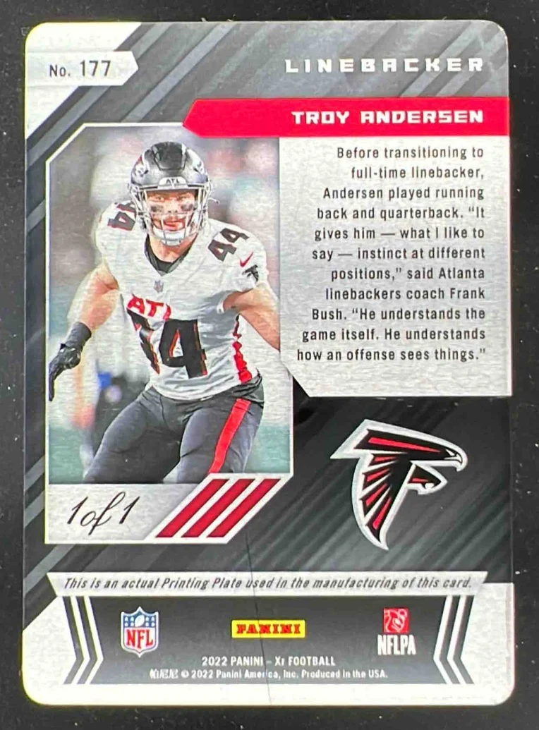 2022 Panini XR Printing Plate Black #177 Troy Andersen RC 1/1 - Image 2