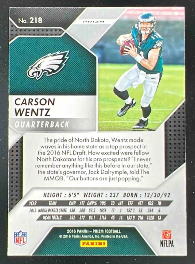2016 Panini Prizm Prizm #218 Carson Wentz RC - Image 2