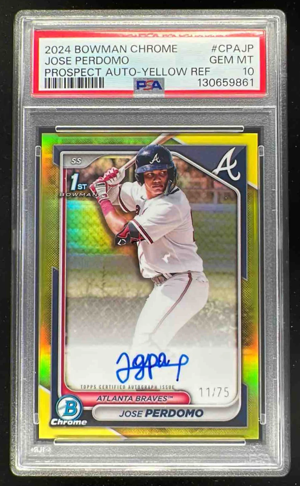 2024 Bowman Chrome Chrome Yellow Refractor #JP Jose Perdomo RC Auto /75 PSA 10