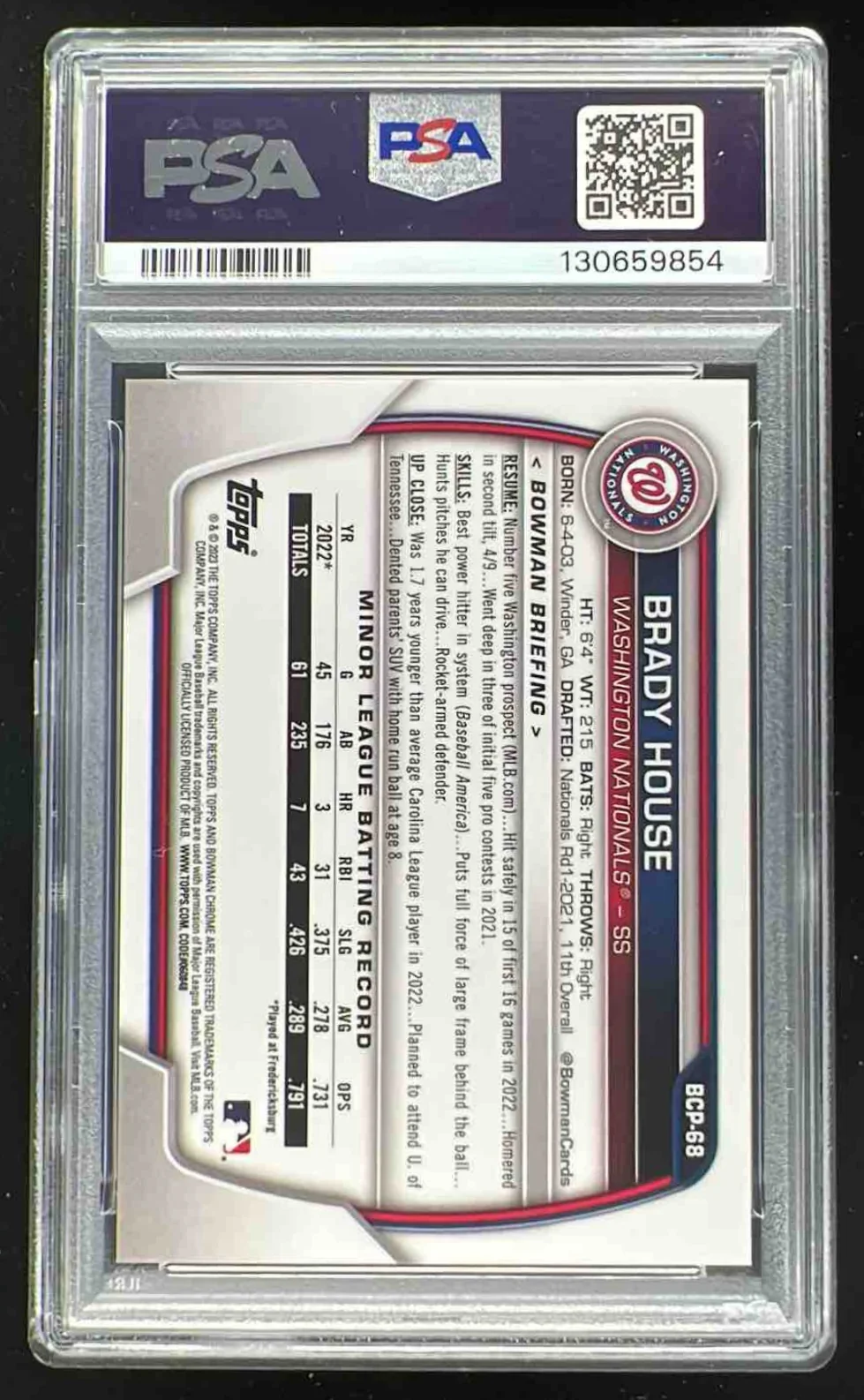 2023 Bowman Sapphire Chrome Red #BCP-68 Brady House /10 PSA 8 - Image 2