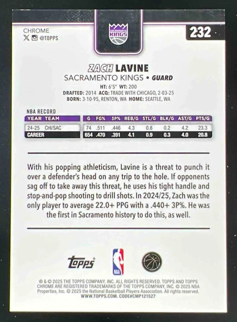 2025-26 Topps Chrome Pulsar Red Refractor #232 Zach LaVine /5 - Image 2