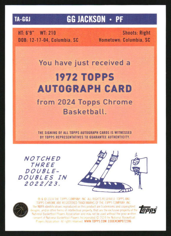 2023-24 Topps Chrome '72 Topps Autographs #TAGGJ GG Jackson Auto - Image 2