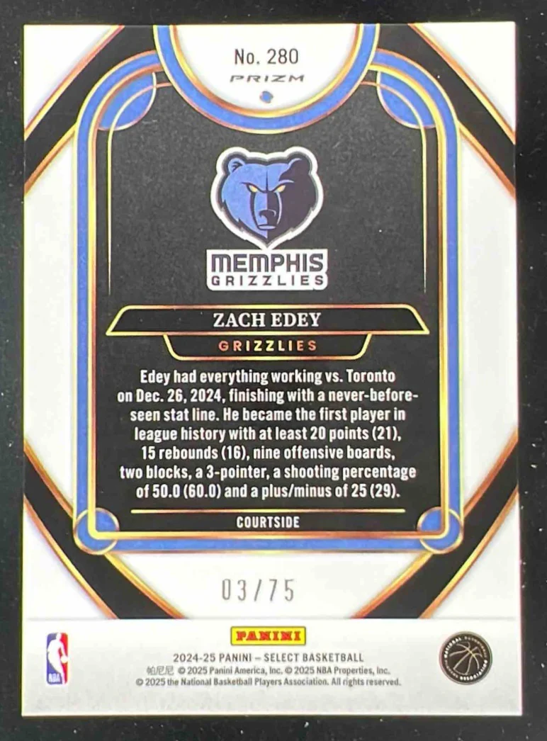 2024-25 Panini Select Courtside Blue Wave Prizm #280 Zach Edey RC /75 - Image 2