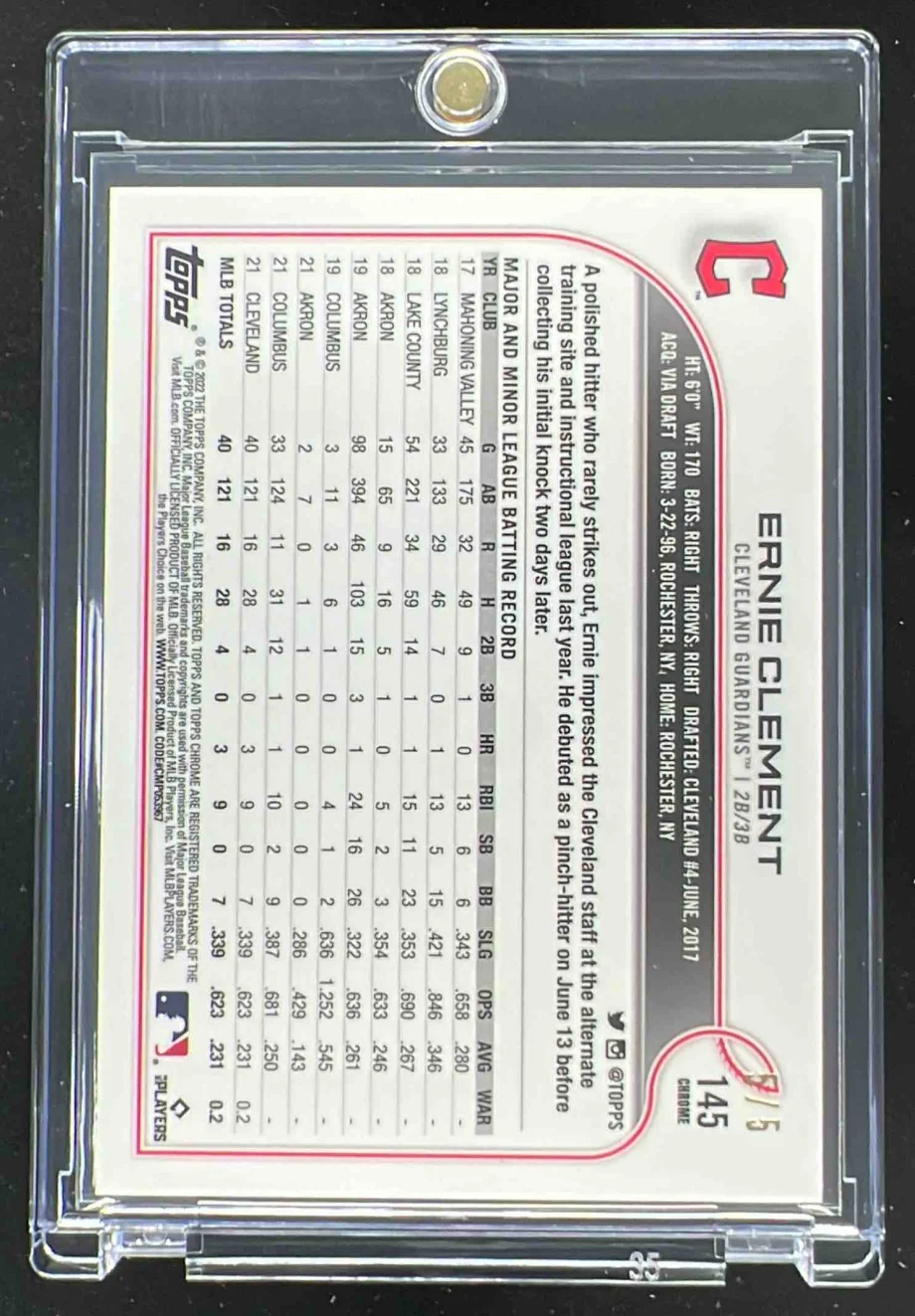 2022 Topps Chrome Red Refractor #145 Ernie Clement RC /5 - Image 2