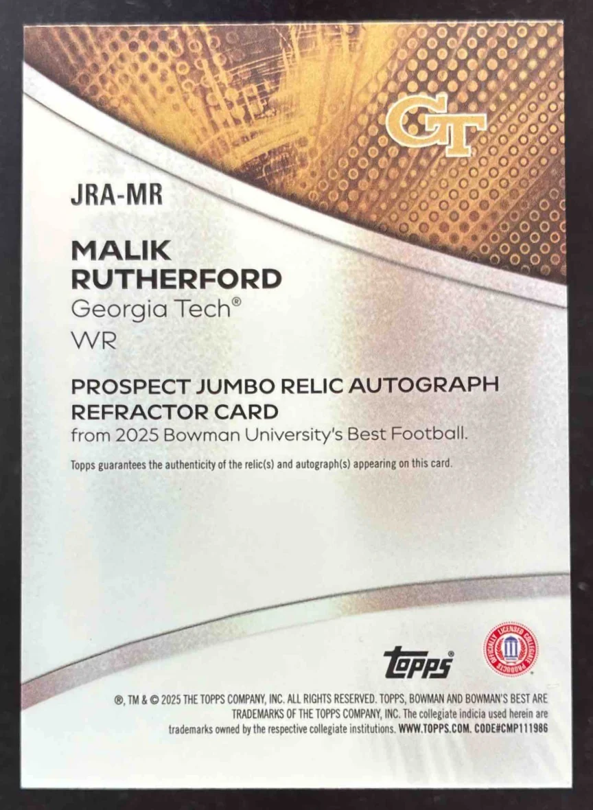 2025 Bowman Best University Jumbo Relic Purple Lava Malik Rutherford Auto /75 - Image 2