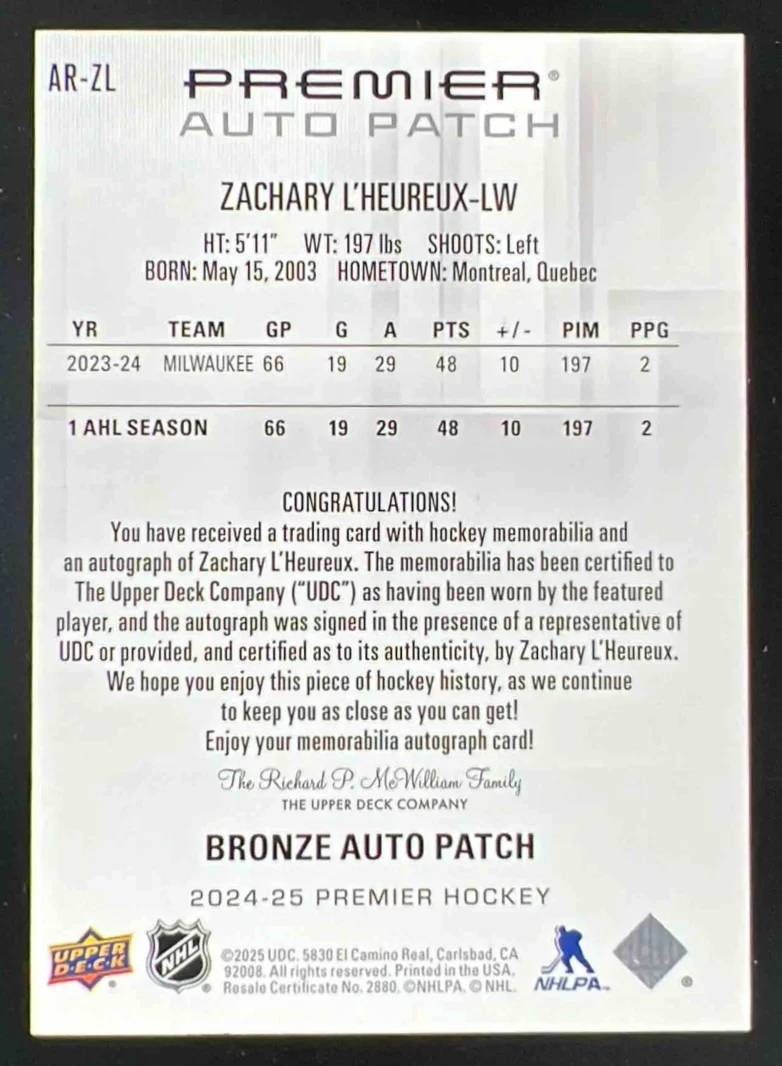 2024-25 Upper Deck Premier Acetate Rookies Patch #ZL Zachary L'Heureux Auto /249 - Image 2