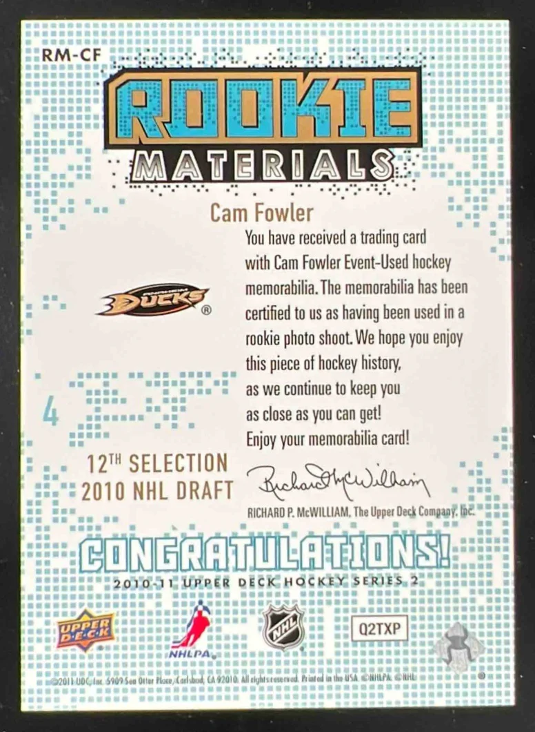2010-11 Upper Deck Rookie Materials Patches #RM-CF Cam Fowler RC /25 - Image 2