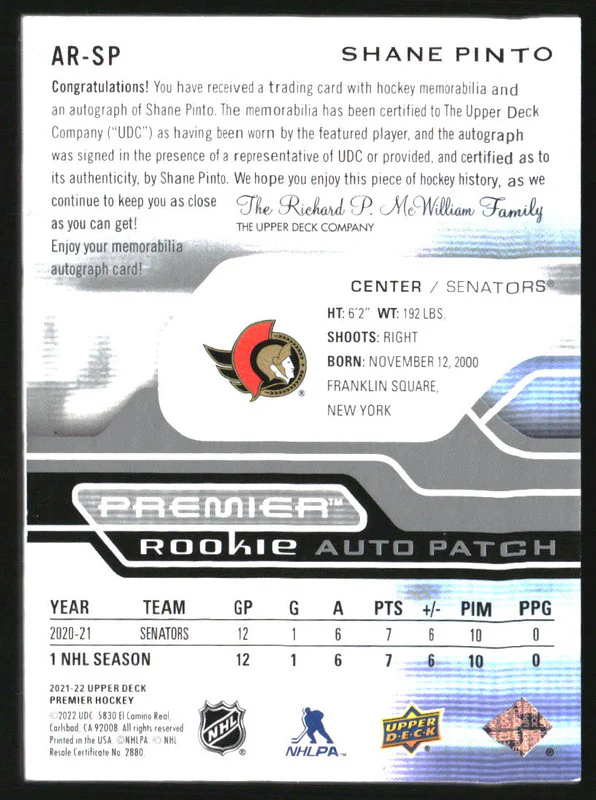 2021 Upper Deck Premier Acetate Rookie Patch Autograph Shane Pinto RC Auto /249 - Image 2