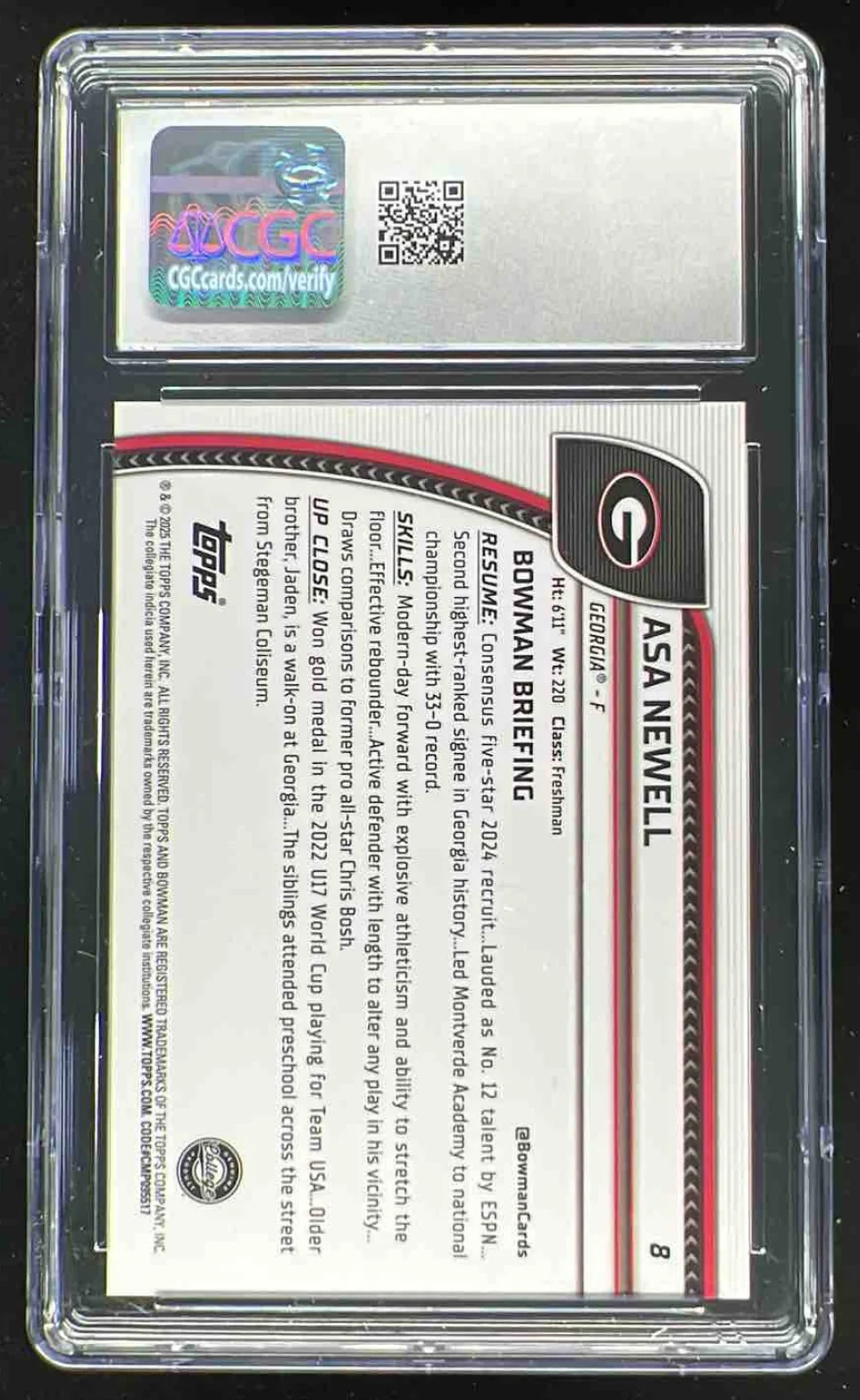 2024-25 Bowman University Chrome Sapphire Red Refractor #8 Asa Newell /5 CGC 10 - Image 2