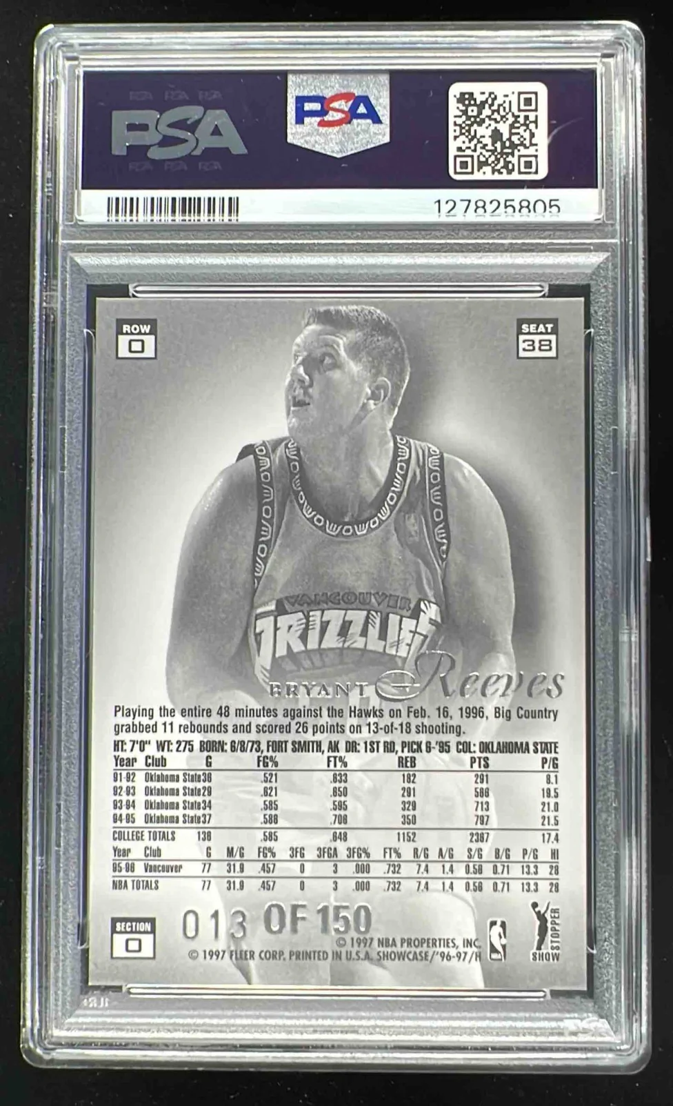 1996 Fleer Flair Showcase Legacy Collection Row 0 #38 Bryant Reeves /150 PSA 9 - Image 2