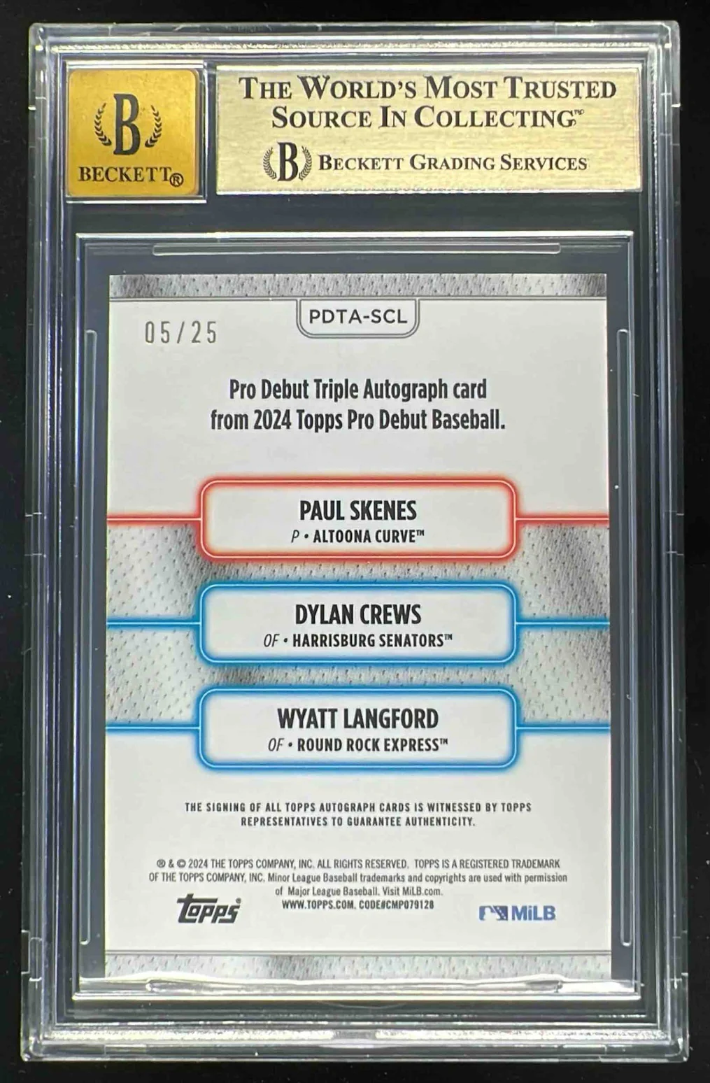 2024 Topps Pro Debut Triple Auto Crews Wyatt Langford Paul Skenes /25 BGS 9.5 - Image 2