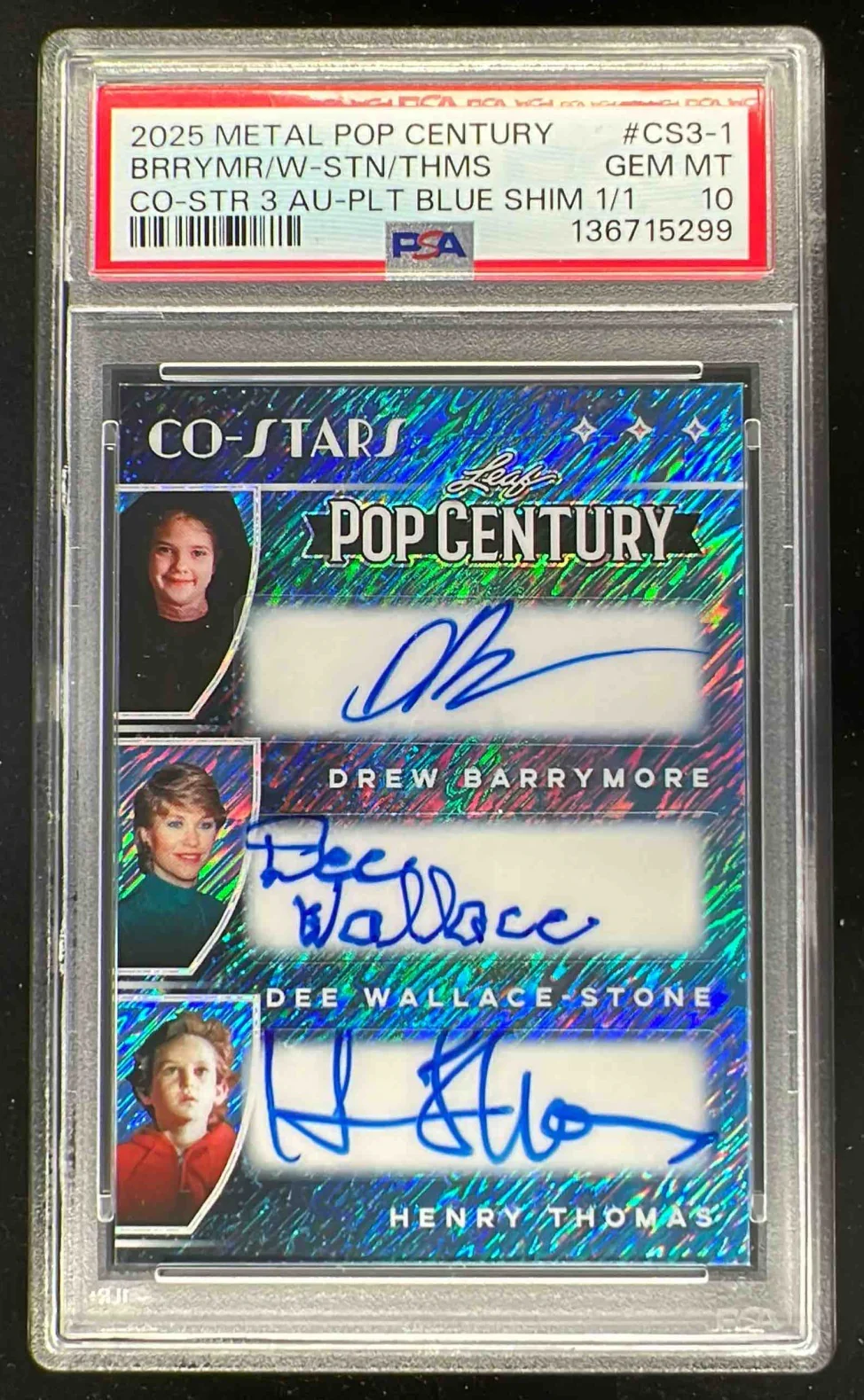 2025 Leaf Triple Auto Blue Shimmer Drew Barrymore Dee Henry Thomas 1/1 PSA 10
