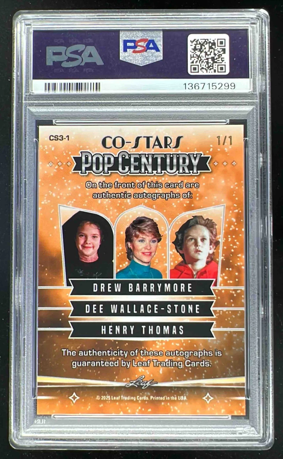 2025 Leaf Triple Auto Blue Shimmer Drew Barrymore Dee Henry Thomas 1/1 PSA 10 - Image 2
