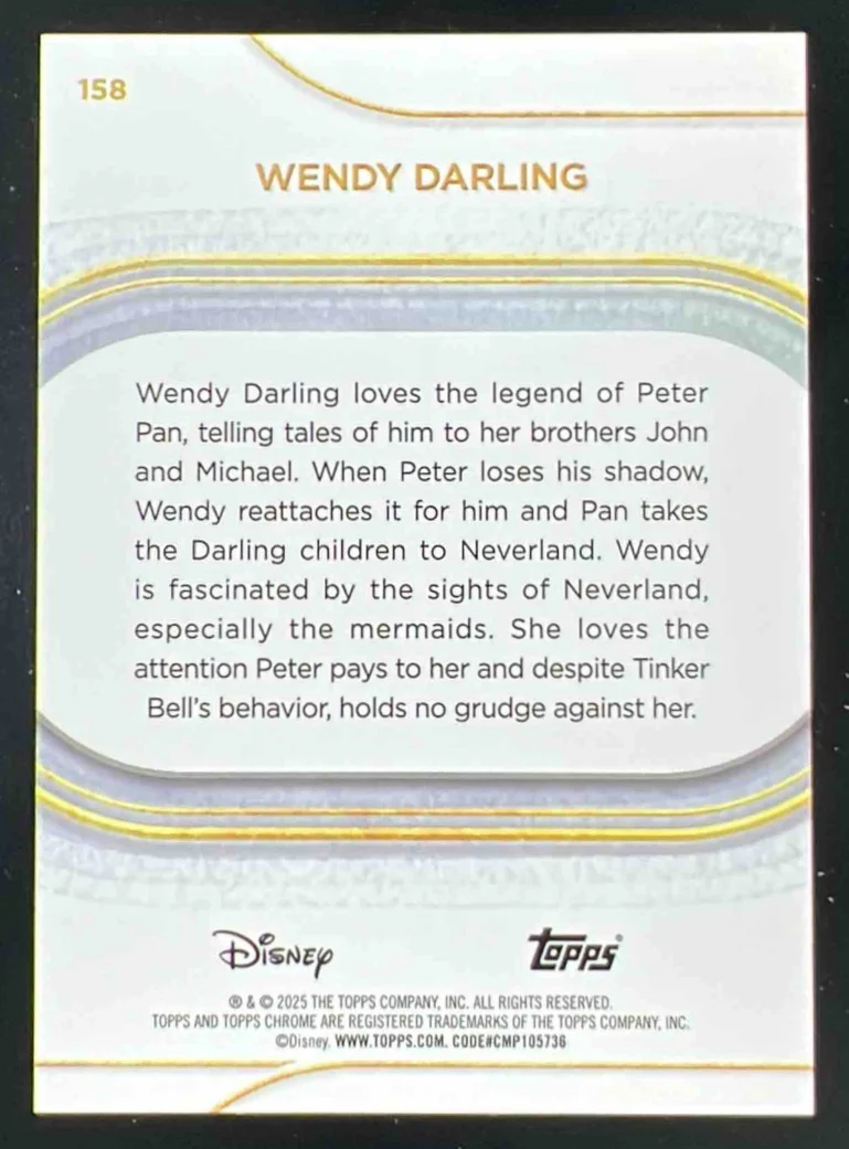 2025 Topps Chrome Disney Sapphire Purple Refractor #158 Wendy Darling /15 - Image 2