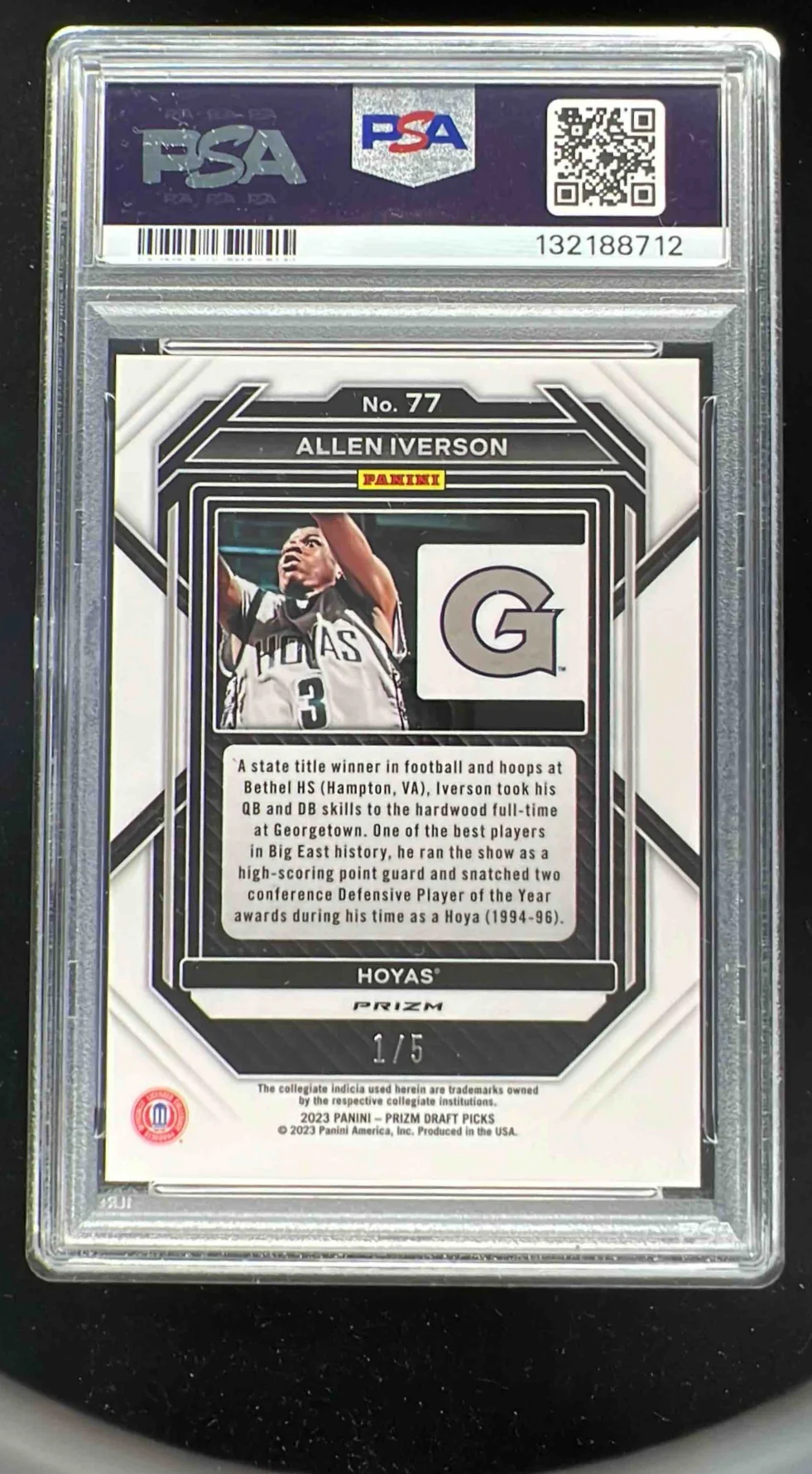2023-24 Panini Prizm Draft Picks Black Gold Prizm #77 Allen Iverson /5 PSA 8 - Image 2