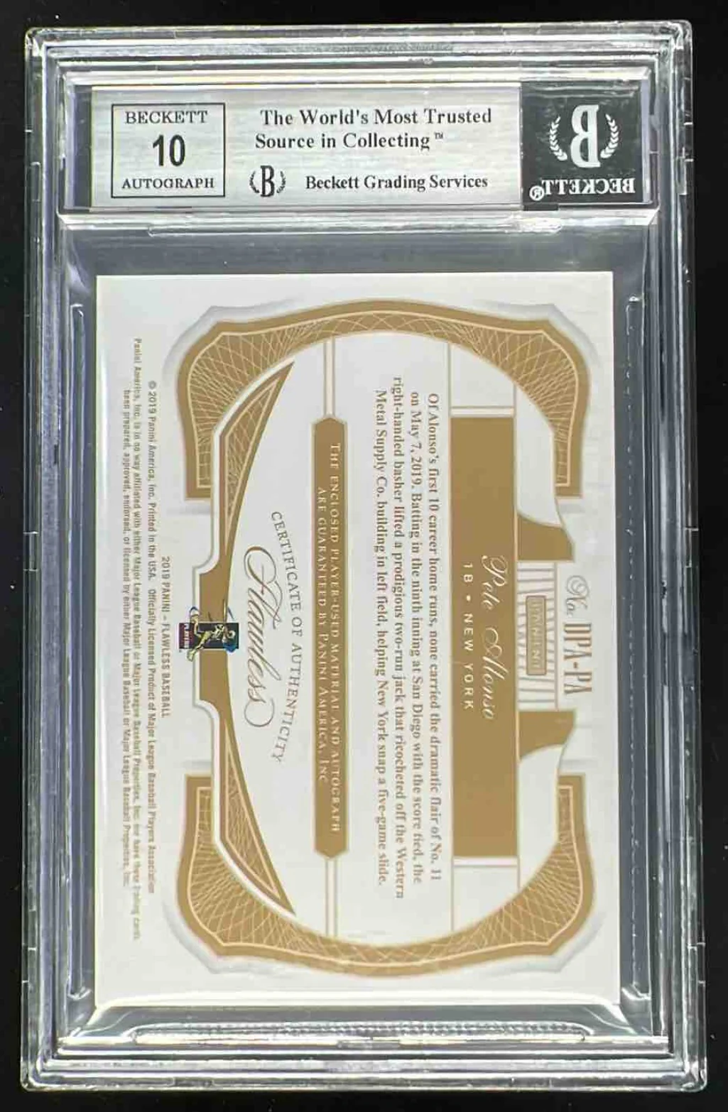 2019 Panini Flawless Dual Patch Auto Gold #DPA-PA Pete Alonso RC /10 BGS 9 - Image 2