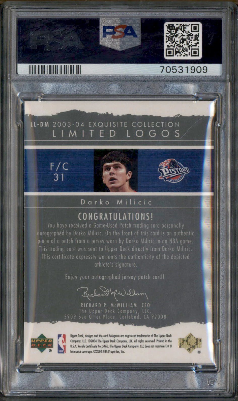 2003 UD Exquisite Collection Limited Logos Auto Patch Darko Milicic /75 PSA 5 - Image 2