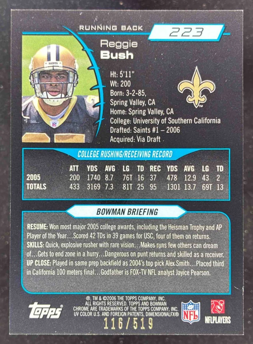 2006 Bowman Chrome Uncirculated Rookies #223 Reggie Bush RC /519 - Image 2