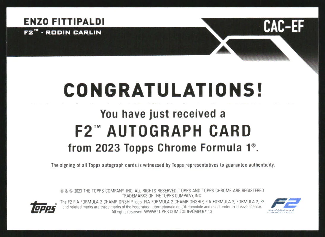 2023 Topps Chrome Formula 1 Autograph #CACEF Enzo Fittipaldi Auto - Image 2
