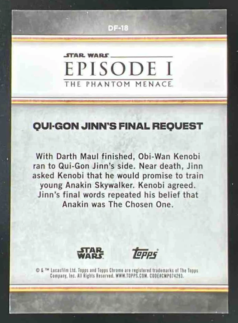 2024 Topps Chrome Sapphire Star Wars Duel Gold Qui-Gon Jinn Final Request /50 - Image 2