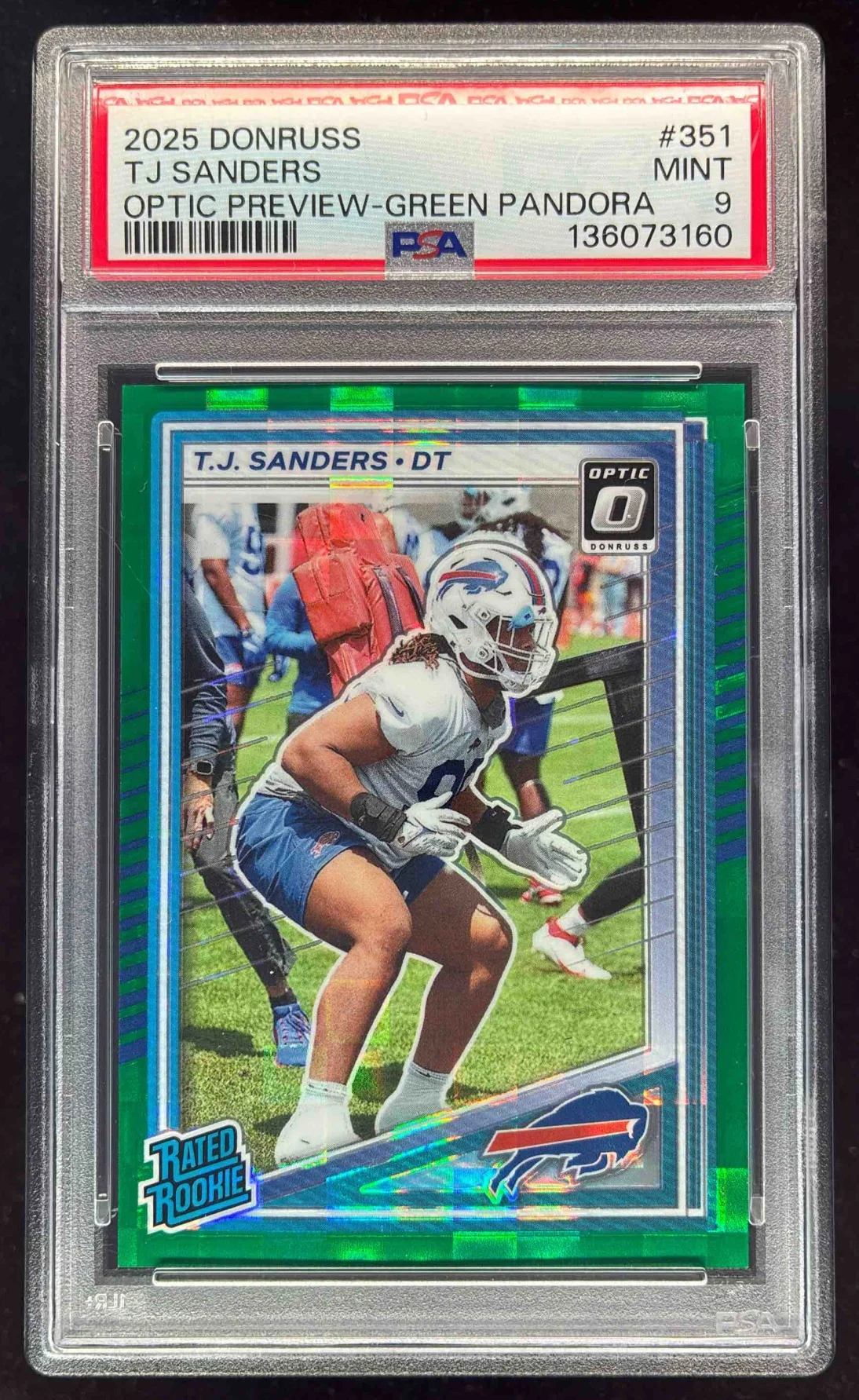 2025 Donruss Optic Rookies Preview Green Pandora #351 T.J. Sanders RC /25 PSA 9