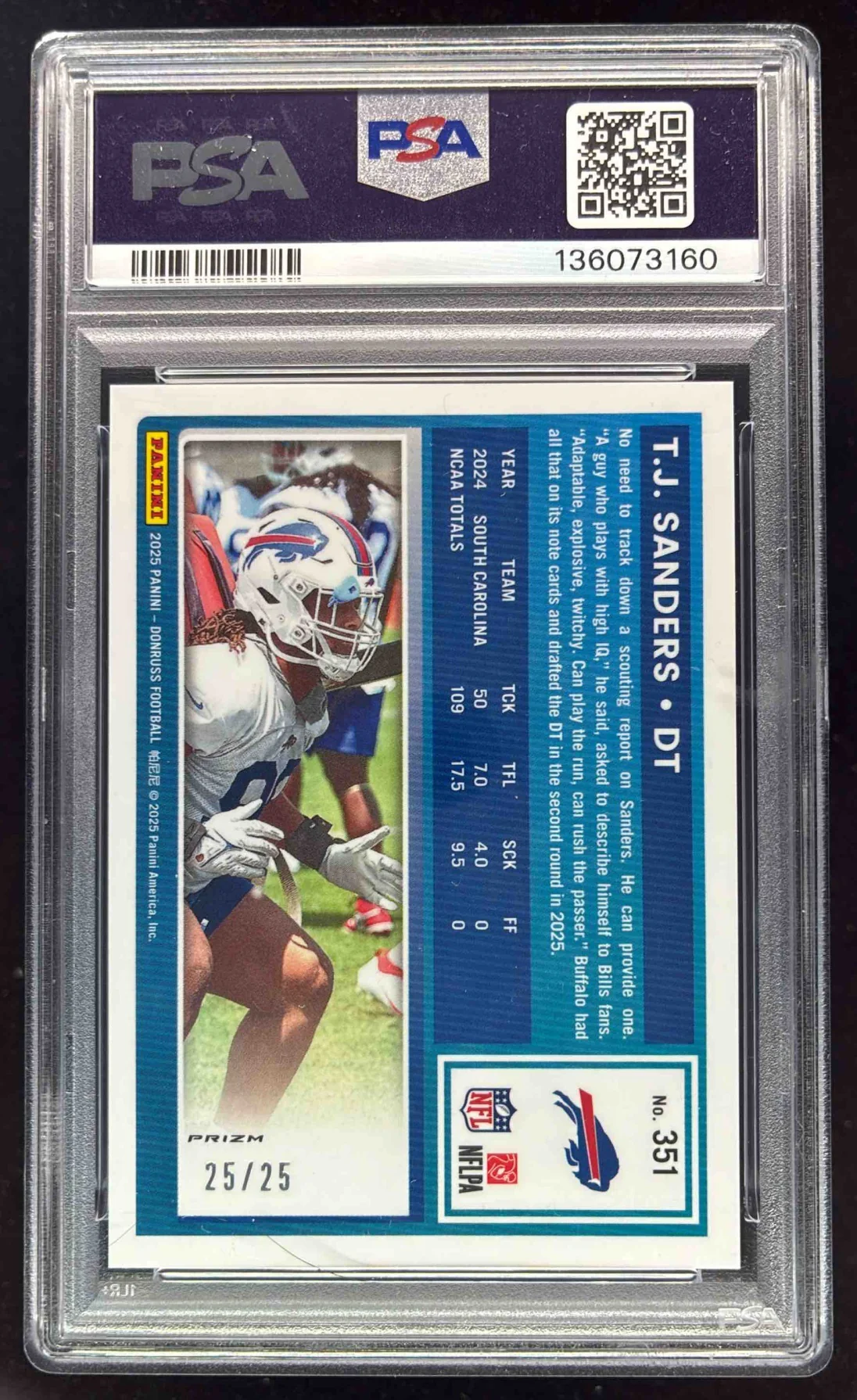 2025 Donruss Optic Rookies Preview Green Pandora #351 T.J. Sanders RC /25 PSA 9 - Image 2