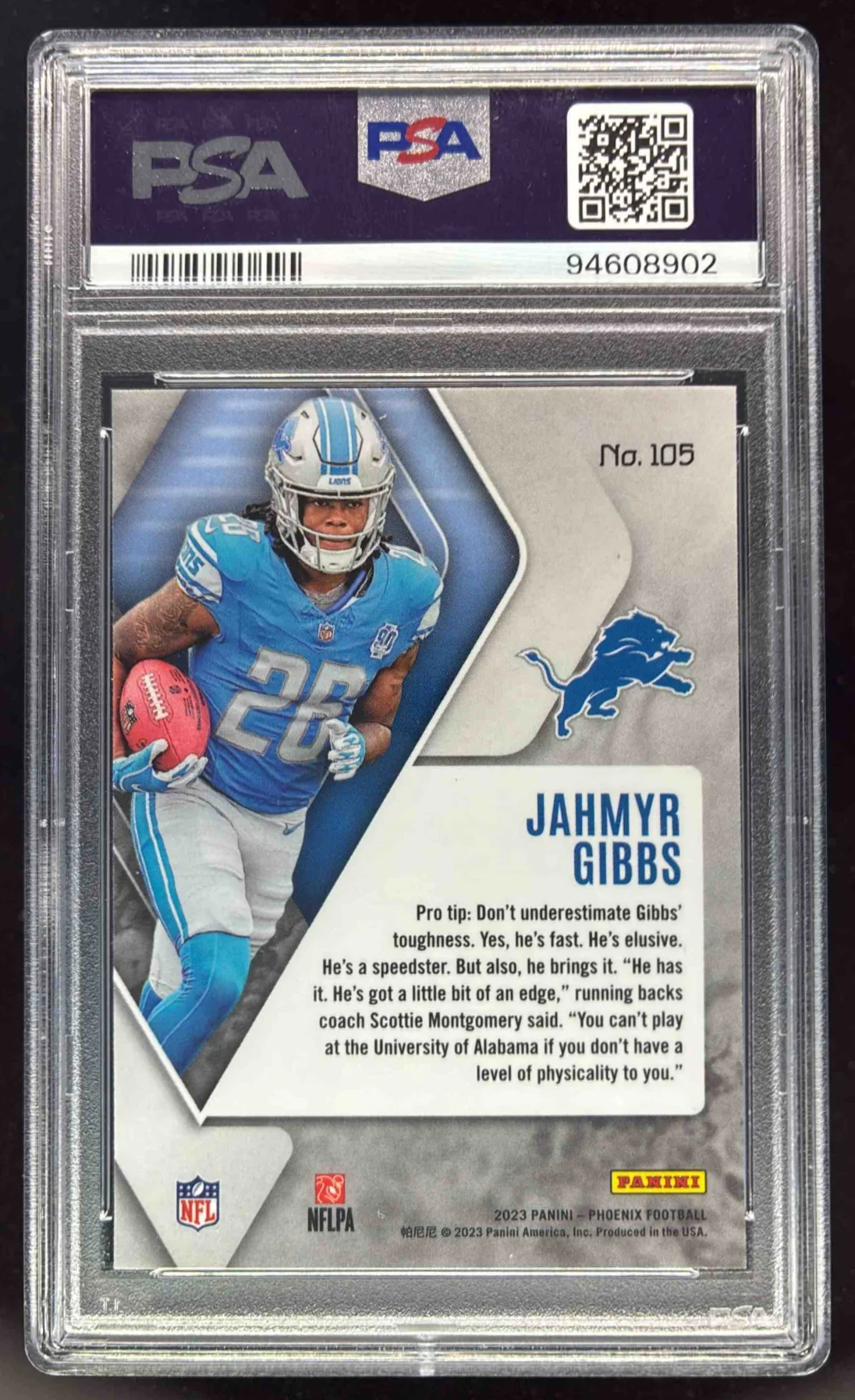2023 Panini Phoenix White Shimmer #105 Jahmyr Gibbs RC PSA 10 - Image 2