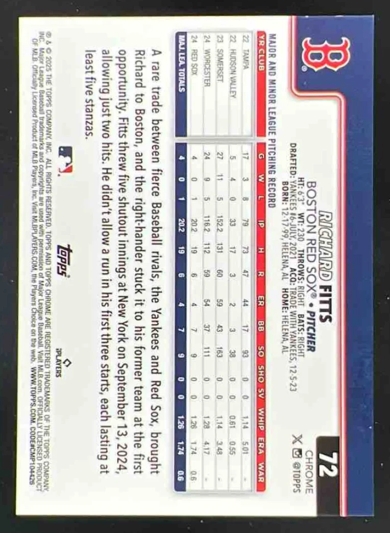 2025 Topps Chrome Orange Geometric Refractor #72 Richard Fitts RC /25 - Image 2